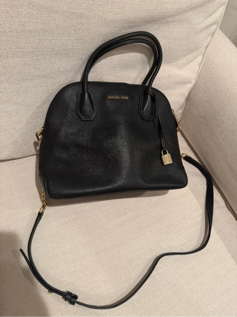 Michael Kors Black Leather Dome Satchel with Gold Hardware